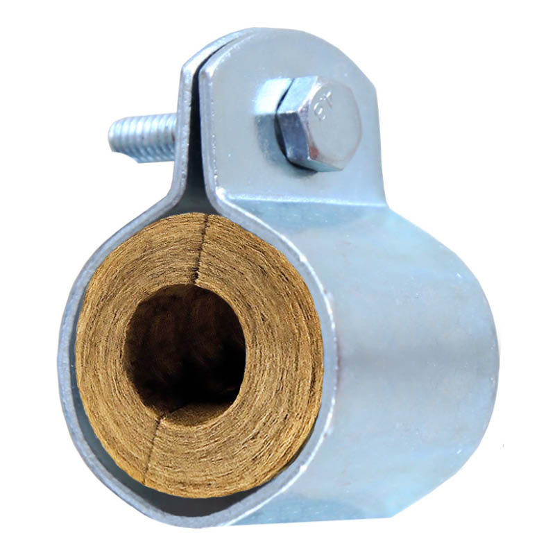 Bolted clips band clamps with timber ferrules for copper pipe
